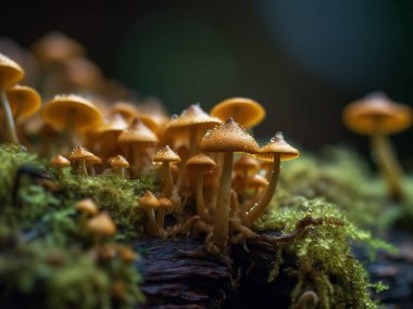 Yosun dolu bir ağaç gövdesinde sarı orman mantarları yığını