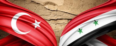 Syria and Turkey flag on an old wall background-3D illustration