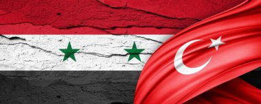 Syria and Turkey flag painted on an old wall background-3D illustration