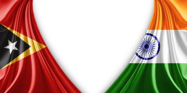 Doğu Timor bayrağı ve ipek ve beyaz arkaplan resimli Hindistan bayrağı.