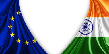 Avrupa Birliği bayrağı ve Hindistan ipek ve beyaz arka plan 3d illüstrasyon bayrağı