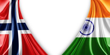 Norveç bayrağı ve ipek ve beyaz arkaplan resimli Hindistan bayrağı