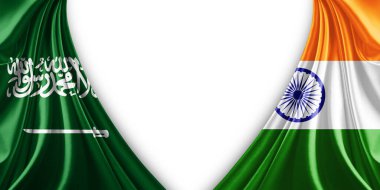 Suudi Arabistan bayrağı ve ipek ve beyaz arkaplan resimli Hindistan bayrağı