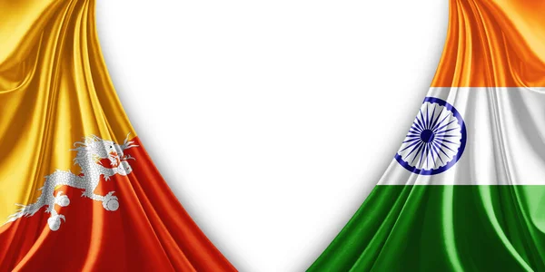 不丹国旗和印度丝绸白色背景旗 3D插图 — 图库照片