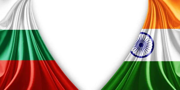 保加利亚国旗和印度丝绸和白色背景旗 3D插图 — 图库照片
