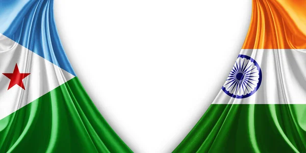 Djibouti flag and India flag of silk and white background-3d illustration.