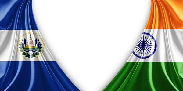 El Salvador flag and India flag of silk and white background-3d illustration