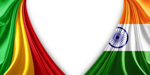 马里国旗和印度丝绸白色背景旗 3D插图 — 图库照片