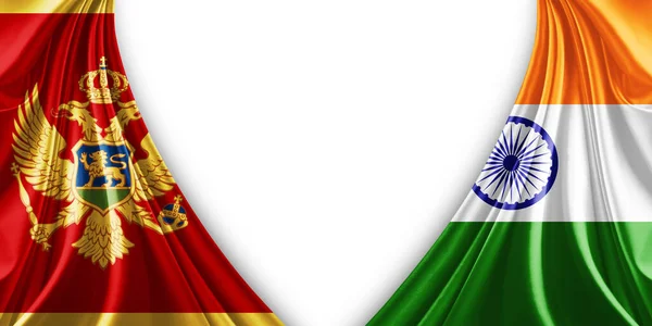 黑山国旗和印度丝绸白色背景旗 3D插图 — 图库照片