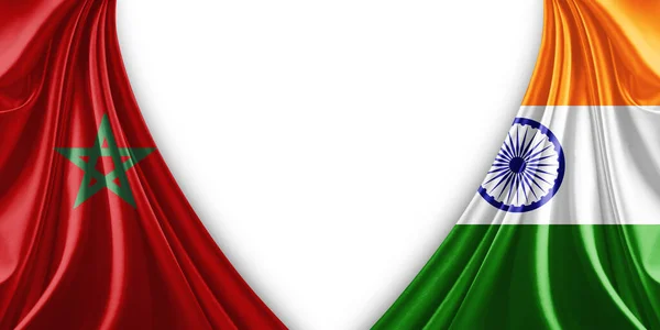 Morocco flag and India flag of silk and white background-3d illustration