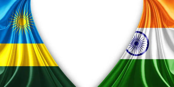 Rwanda flag and India flag of silk and white background-3d illustration
