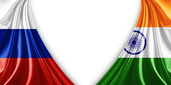 Bandeira Rússia Índia Bandeira Seda Fundo Branco Ilustração — Fotografia de Stock