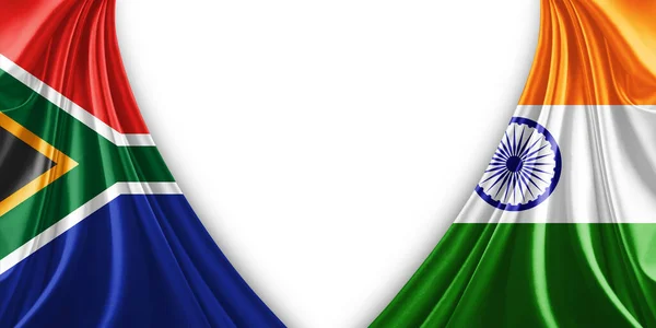 South Africa flag and India flag of silk and white background-3d illustration