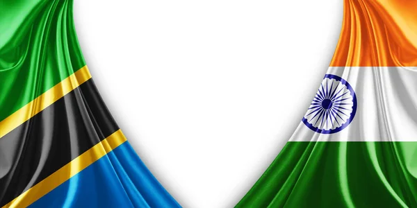 Tanzania Flagga Och Indien Flagga Silke Och Vit Bakgrund Illustration — Stockfoto
