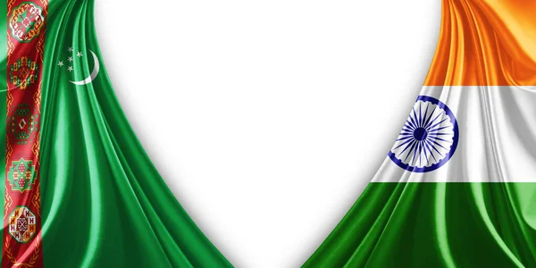 Turkmenistan Flag India Flag Silk White Background Illustration — Stock Photo, Image