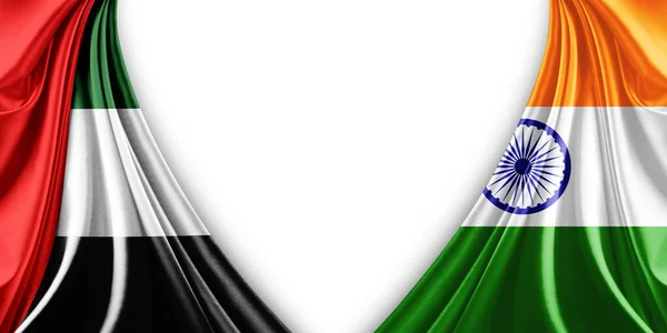 united arab emirates flag and India flag of silk and white background-3d illustration