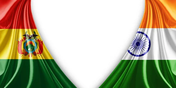 玻利维亚国旗和印度丝绸和白色背景旗 3D插图 免版税图库图片