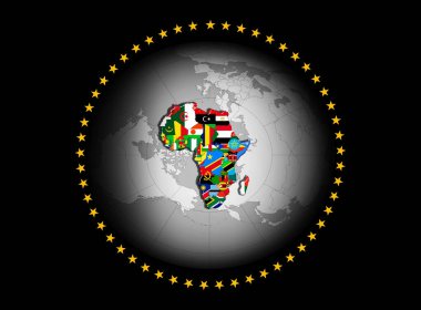 Haritalı Afrika Birliği bayrağı ve siyah arkaplanda bayraklar - 3D illüstrasyon