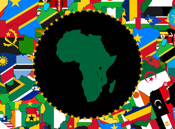 African Union flag with map and flags on background - 3D illustration