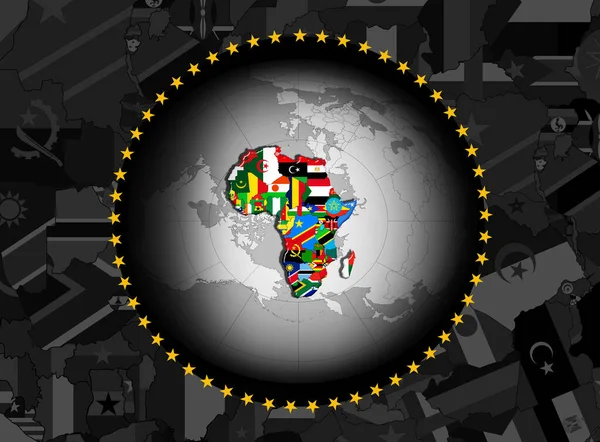 African Union flag with map and flags on dark background - 3D illustration