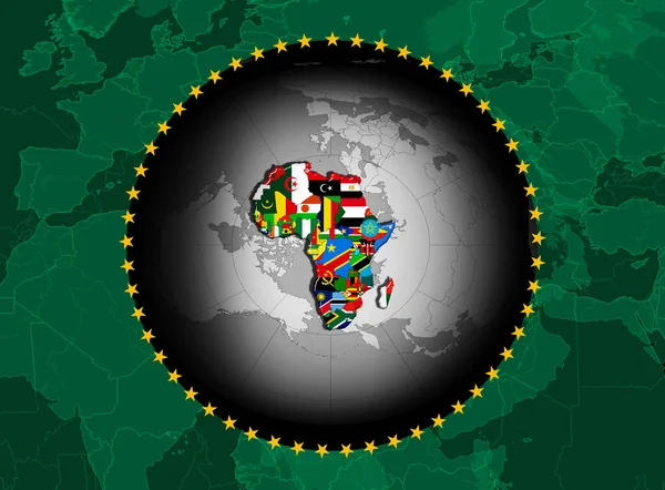 African Union flag with map and flags on world map background - 3D illustration