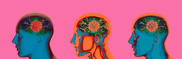 Людська Голова Розфарбована Абстрактним Мозком Рожевим Фоном Ілюстрація — стокове фото