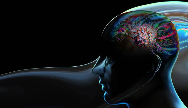 Человеческая Голова Окрашенная Абстрактным Мозгом Черной Фоновой Иллюстрацией — стоковое фото