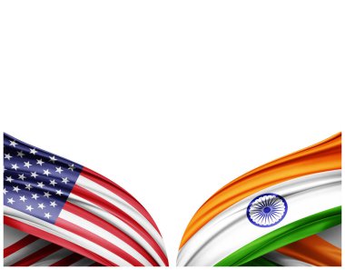 Amerikan bayrağı ve ipek ve beyaz arka planda Hindistan bayrağı - 3D illüstrasyon           