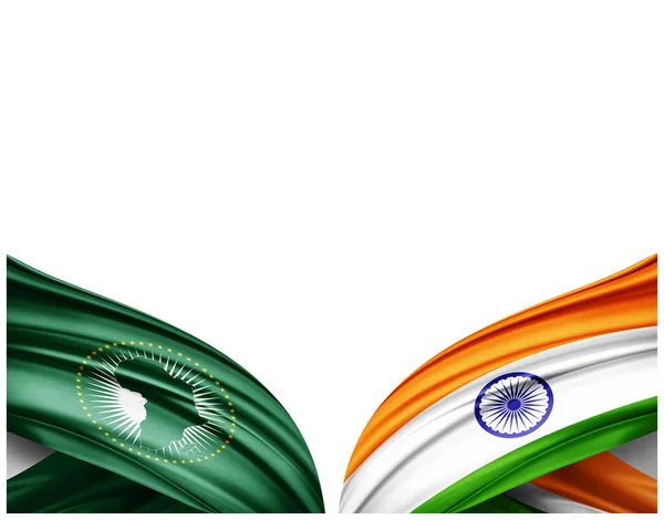 アフリカ連合の旗と絹と白の背景のインドの旗 3Dイラスト — ストック写真
