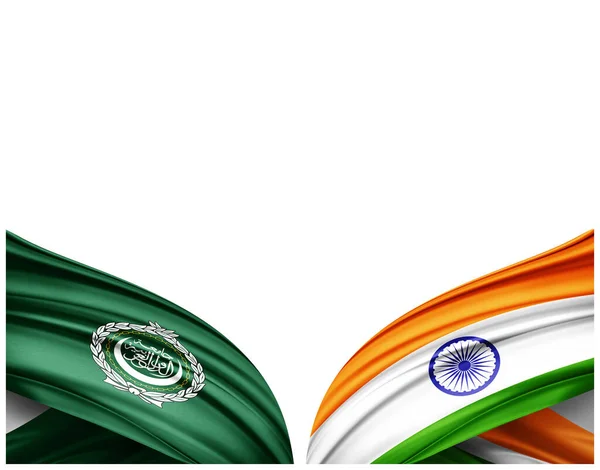 アラブ連盟の旗と絹と白の背景のインドの旗 3Dイラスト — ストック写真