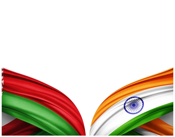 ベラルーシの旗と絹と白の背景のインドの旗 3Dイラスト — ストック写真