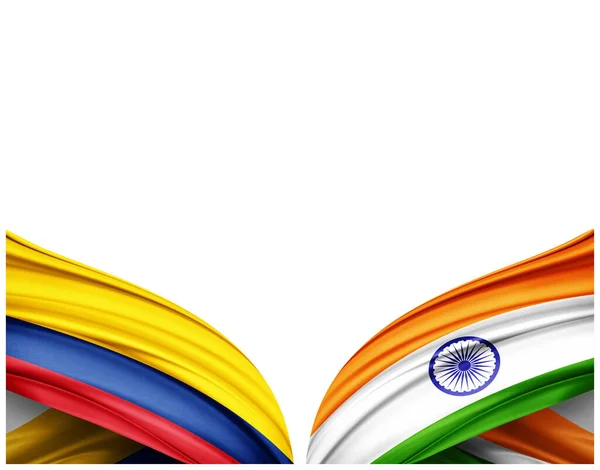 哥伦比亚国旗和印度丝绸白色背景国旗 3D插图 — 图库照片