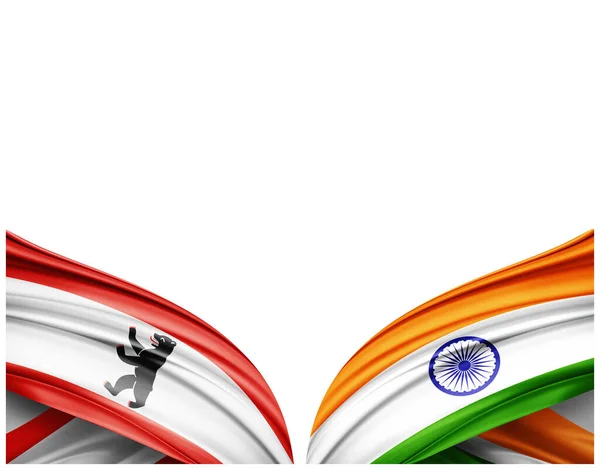 德国和印度的丝绸和白色背景国旗 3D插图 — 图库照片