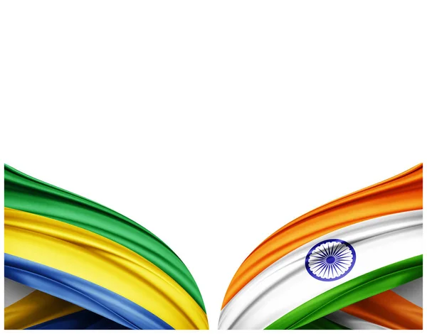 Gabun Flagge Und Indien Flagge Aus Seide Und Weißem Hintergrund — Stockfoto