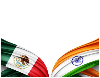 Meksika bayrağı ve ipek ve beyaz arka planda Hindistan bayrağı - 3D illüstrasyon              