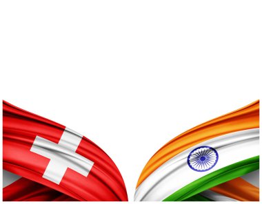 İsviçre bayrağı ve ipek ve beyaz arka planda Hindistan bayrağı - 3D illüstrasyon              