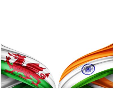 Galler bayrağı ve ipek ve beyaz arkaplan Hindistan bayrağı - 3D illüstrasyon              