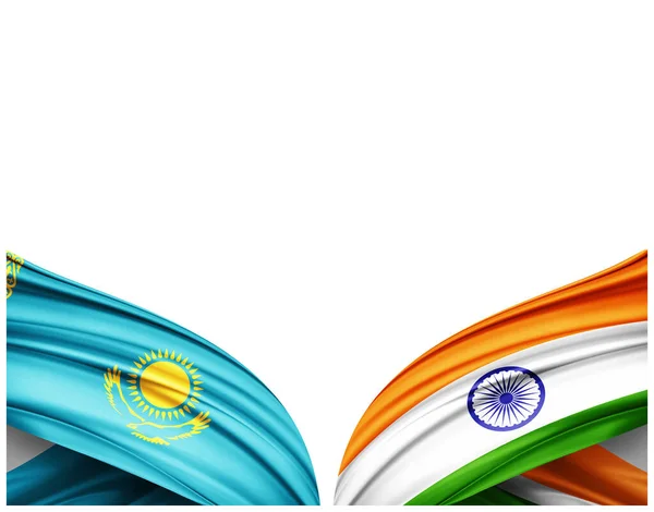 Bandiera Kazakistan Bandiera India Seta Sfondo Bianco Illustrazione — Foto Stock