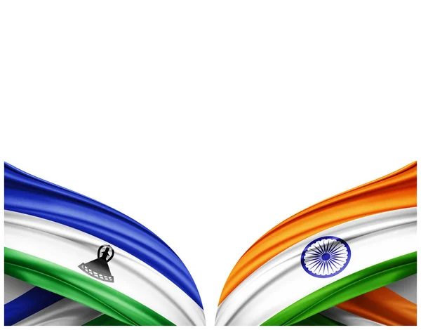 莱索托国旗和印度丝绸白色背景国旗 3D插图 — 图库照片