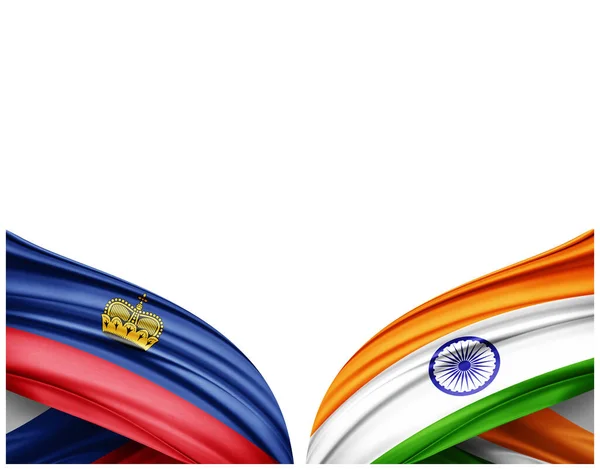 リヒテンシュタインの旗とインドの絹と白の背景の旗 3Dイラスト — ストック写真