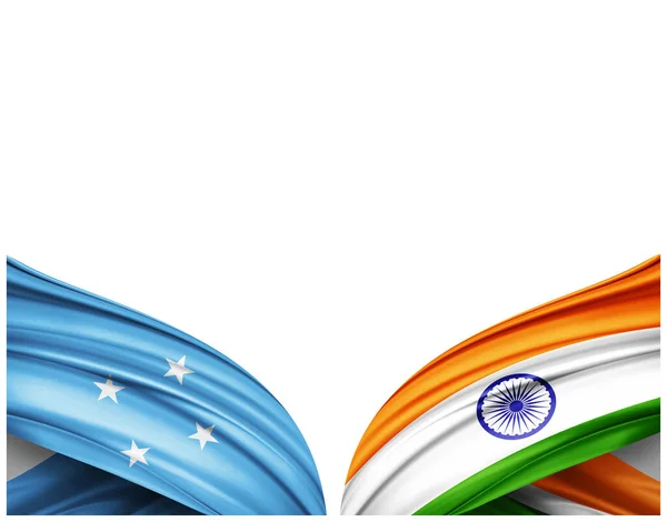 密克罗尼西亚国旗和印度丝绸白色背景国旗 3D插图 — 图库照片