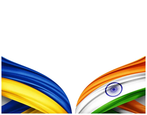乌克兰国旗和印度丝绸白色背景国旗 3D插图 — 图库照片