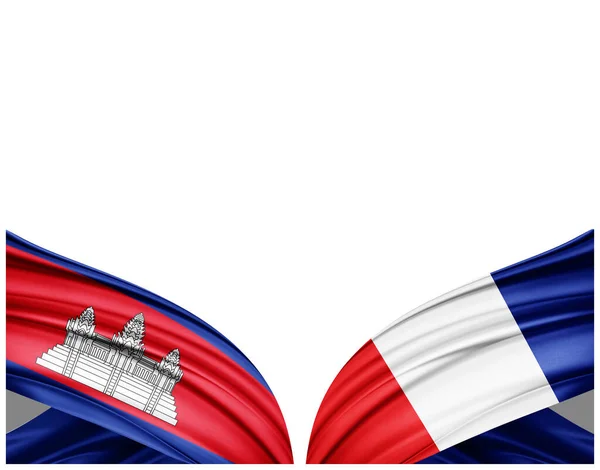 Kambodscha Und Französische Flaggen Aus Seide Und Weißem Hintergrund Illustration — Stockfoto