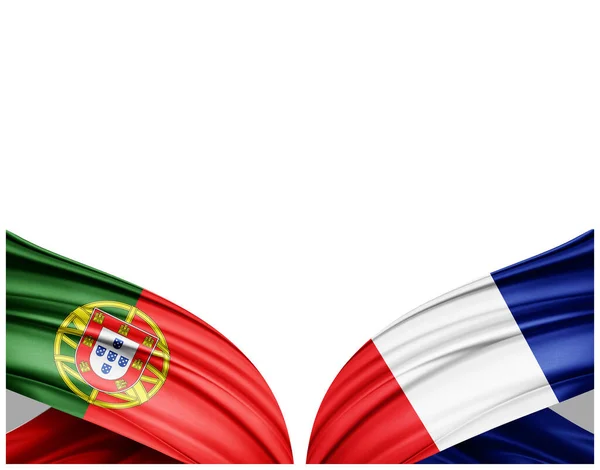 Portugalské Francouzské Vlajky Hedvábí Bílého Pozadí Ilustrace — Stock fotografie