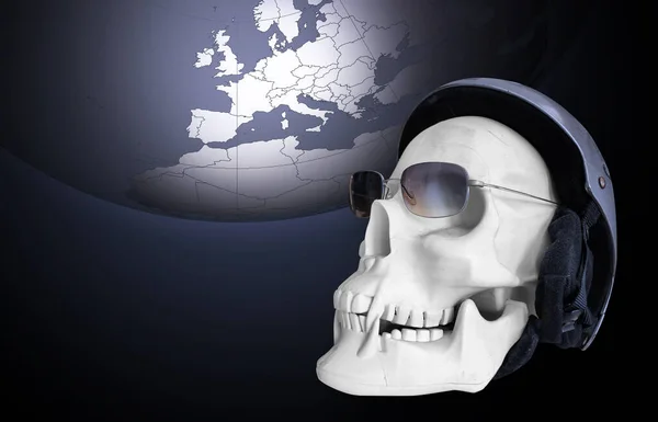 Crânio Humano Com Óculos Capacete Com Fundo Mapa Mundo — Fotografia de Stock