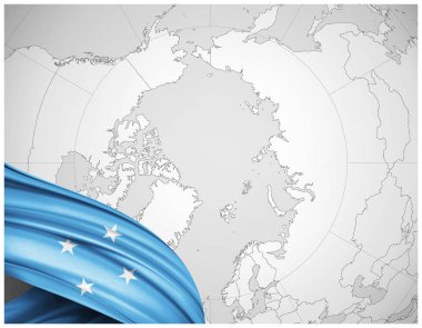 Dünya haritalı ipeğin mikronezya bayrağı arkaplan - 3D illüstrasyon