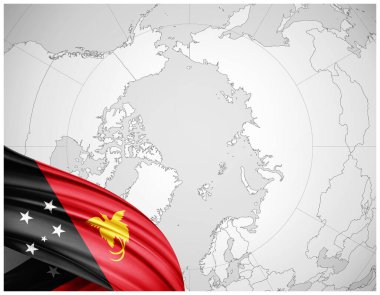 Dünya haritalı ipeğin Yeni Gine bayrağı - 3D illüstrasyon