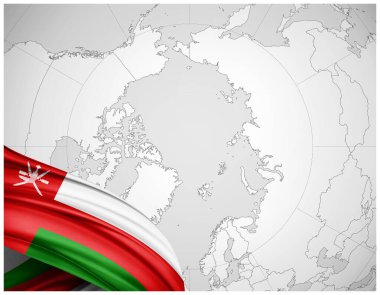 Dünya haritalı Umman ipek bayrağı 3D illüstrasyon