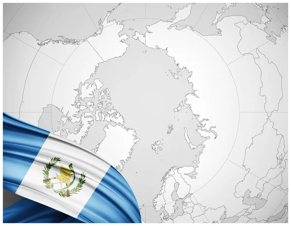 带有世界地图背景的危地马拉丝绸旗 3D插图 — 图库照片