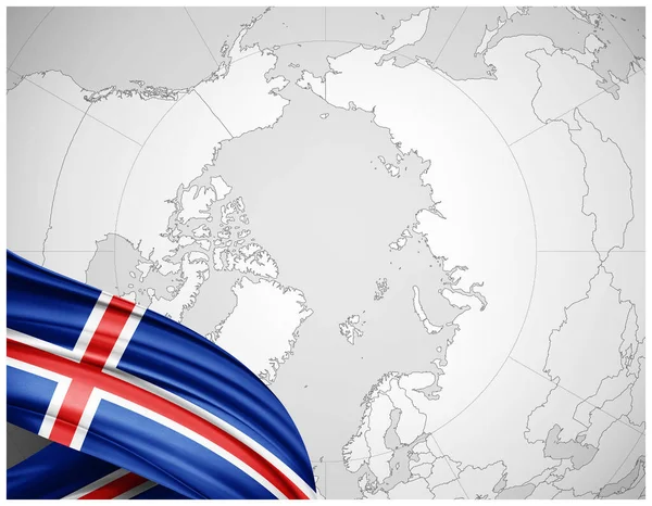 Islândia Bandeira Seda Com Mapa Mundial Fundo Ilustração — Fotografia de Stock